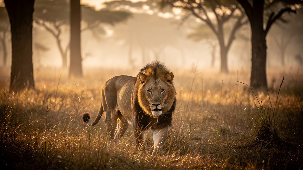 A lion walking through tall grass in Gir forest at dawn