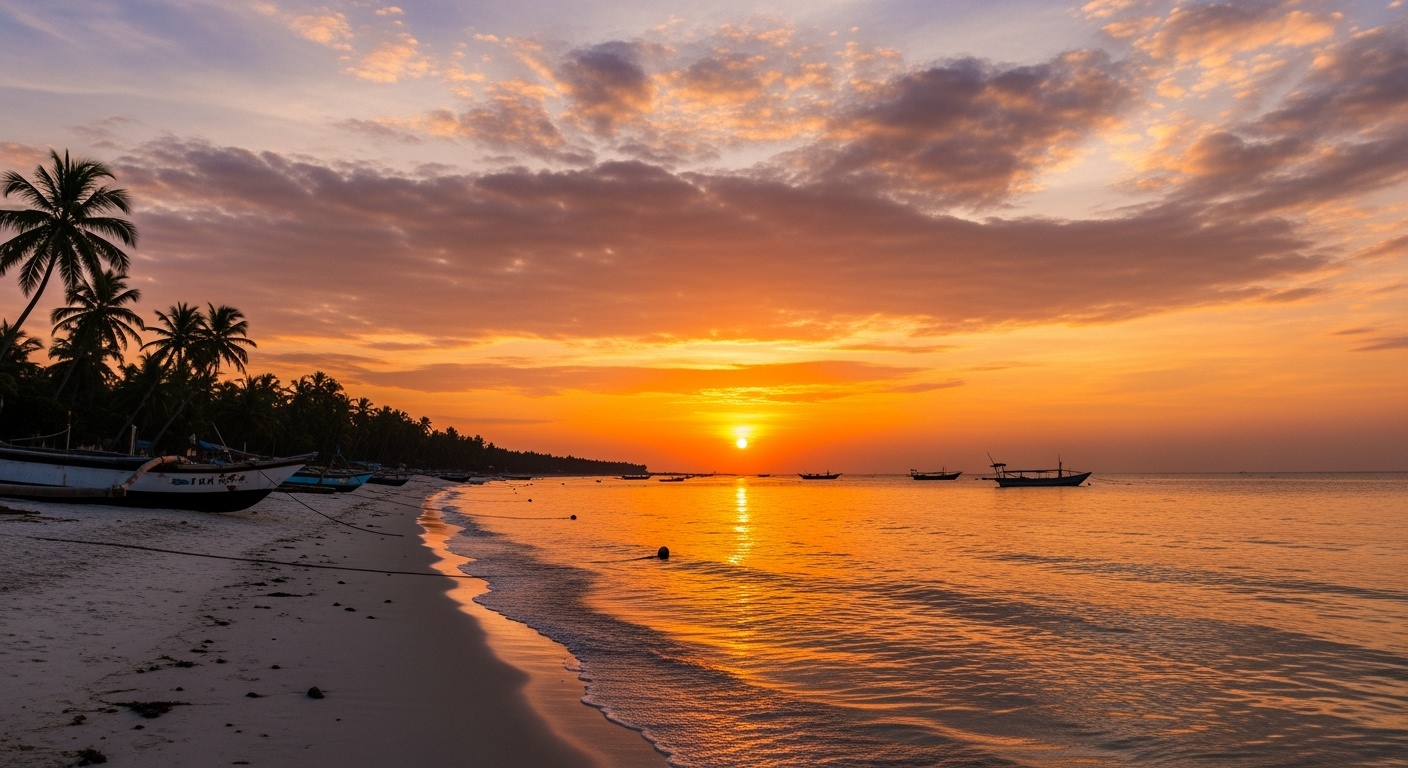 Spectacular sunset at Diu beach with golden colors reflecting on water
