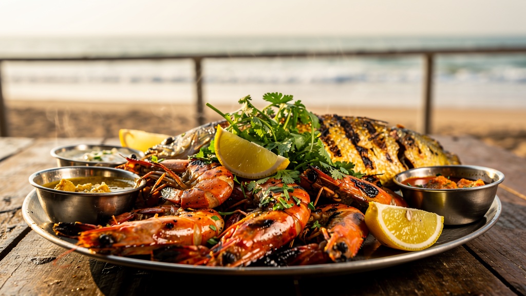 Grilled seafood platter with prawns and fish at a beachside restaurant