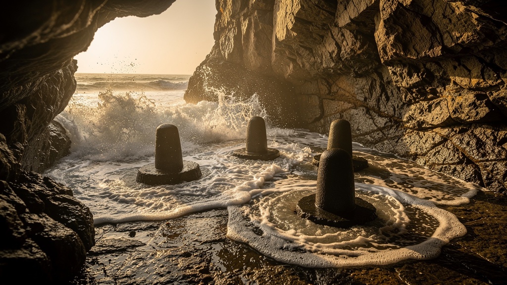 Five stone Shiva lingams at Gangeshwar Temple surrounded by high-tide sea foam