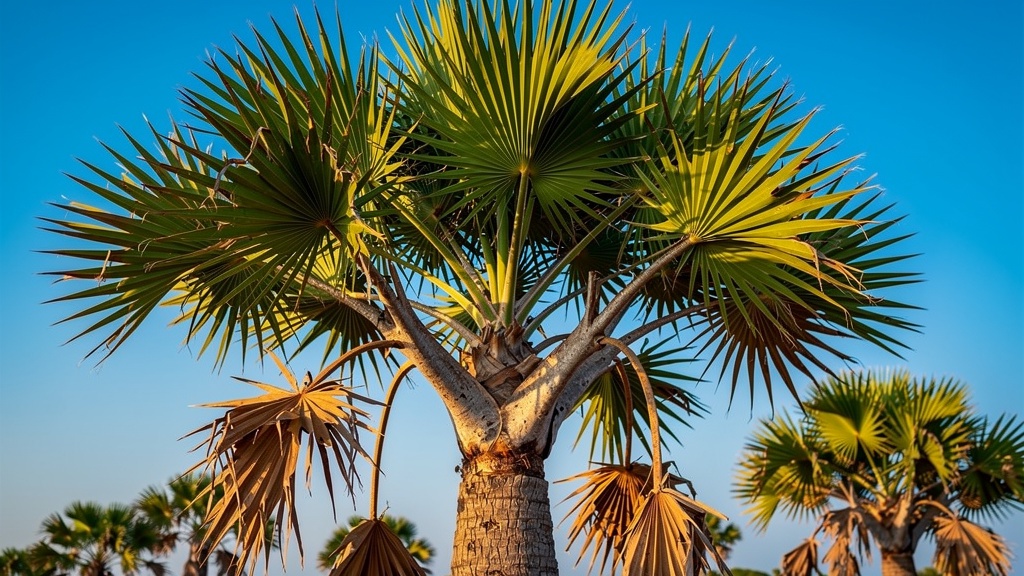 Close-up of a Hoka palm (Hyphaene dichotoma) with its branching fan-shaped canopy