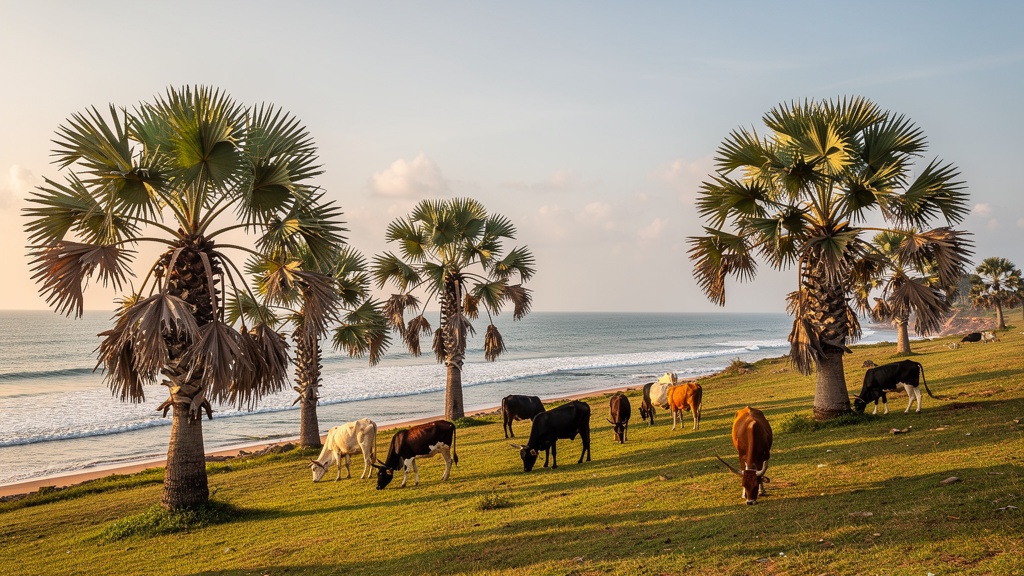Hoka palms scattered across a grassy coastal plain with the sea beyond