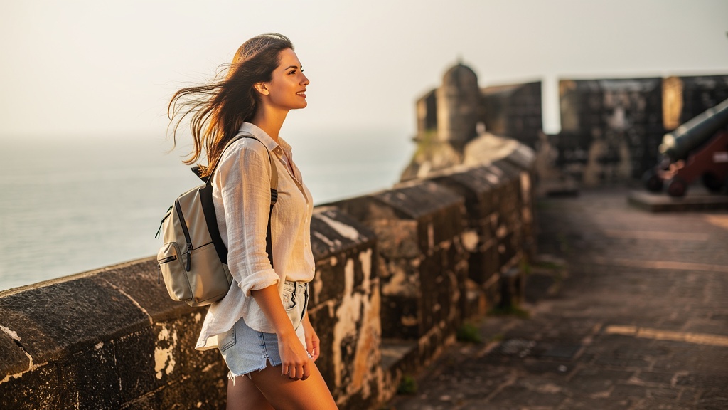Traveler walking along Diu Fort ramparts in morning light