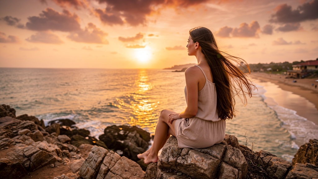 Traveler watching the sunset over the Arabian Sea from a rocky ledge