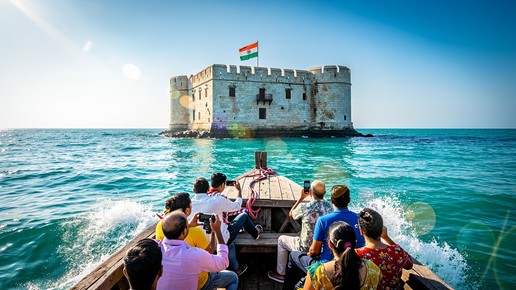 Boat approaching the sea fort in late afternoon