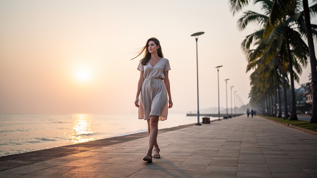 The lit Diu fort promenade at dusk with tables and slow evening traffic