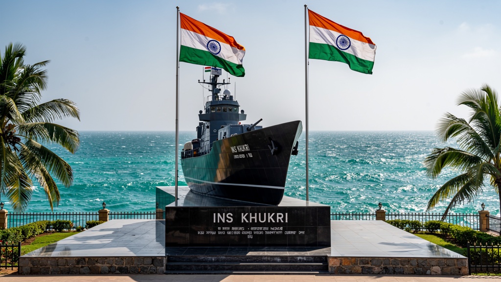 INS Khukri Memorial, a black ship-shaped monument by the sea