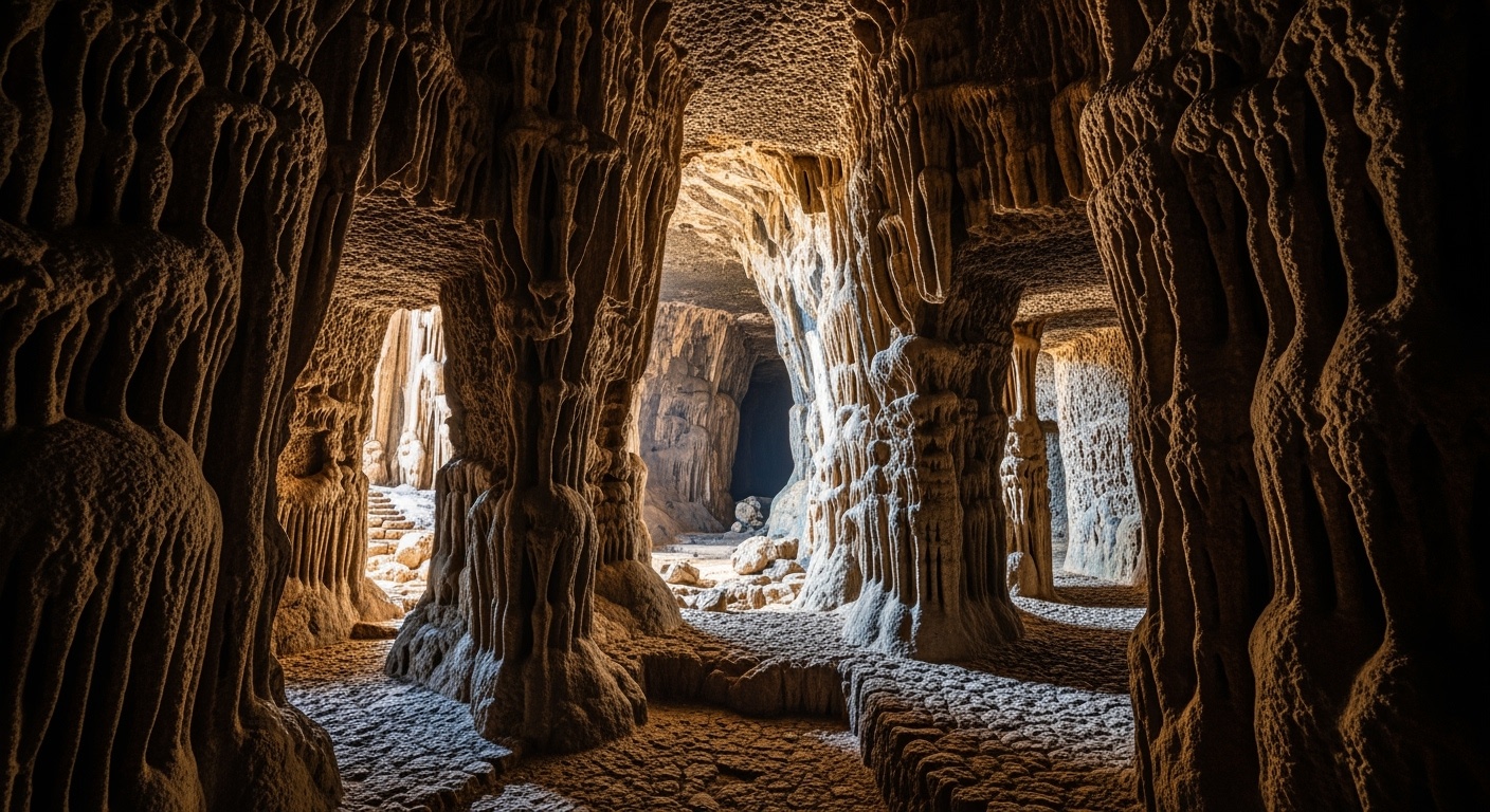 Mysterious natural caves with intricate rock formations