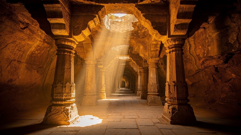 Honeycomb maze of carved sandstone pillars inside Naida Caves