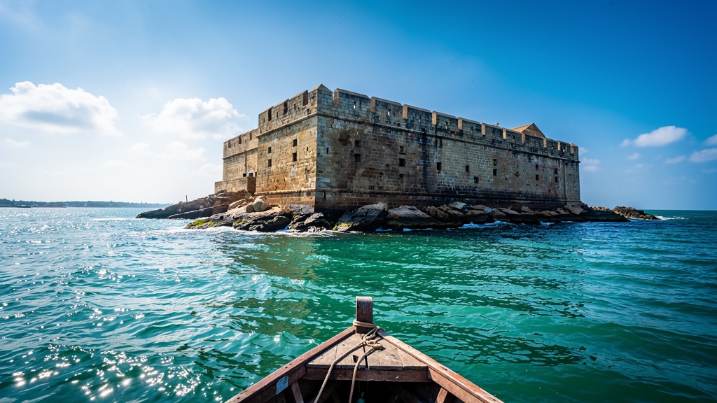 Small stone sea fort of Panikotha on a rocky islet in the turquoise sea