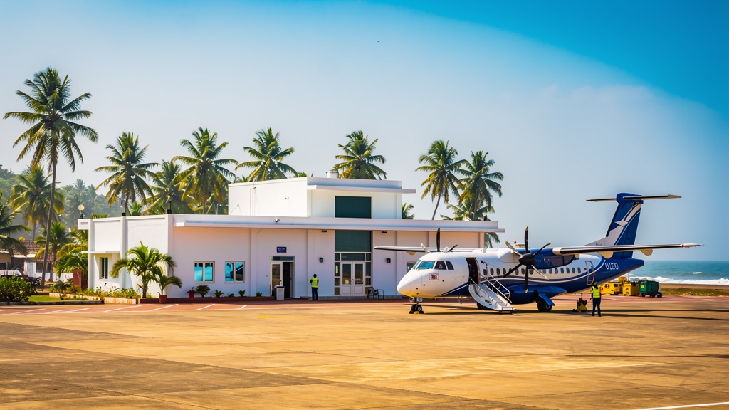 Diu Airport terminal with a small turboprop aircraft on the tarmac