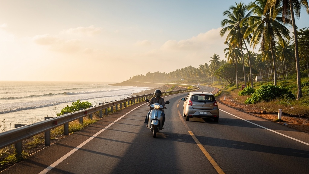 Coastal highway approaching Diu with the sea on one side and palm trees