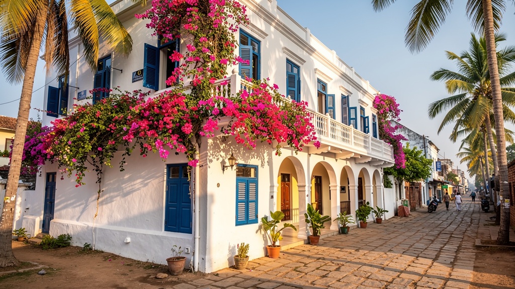 White Portuguese colonial guesthouse with blue shutters in Diu town