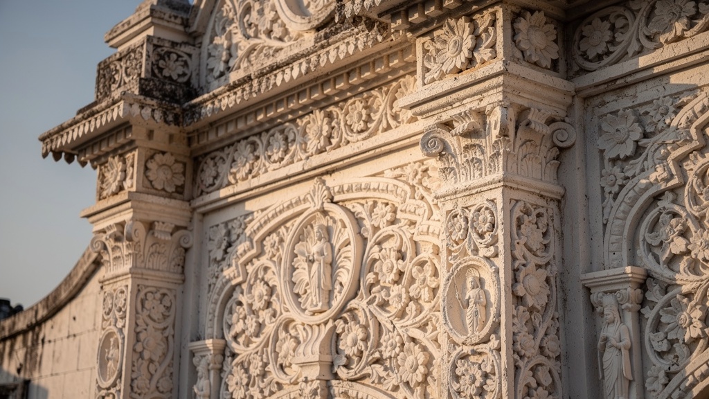 White carved stone facade of St. Paul's Church in Diu