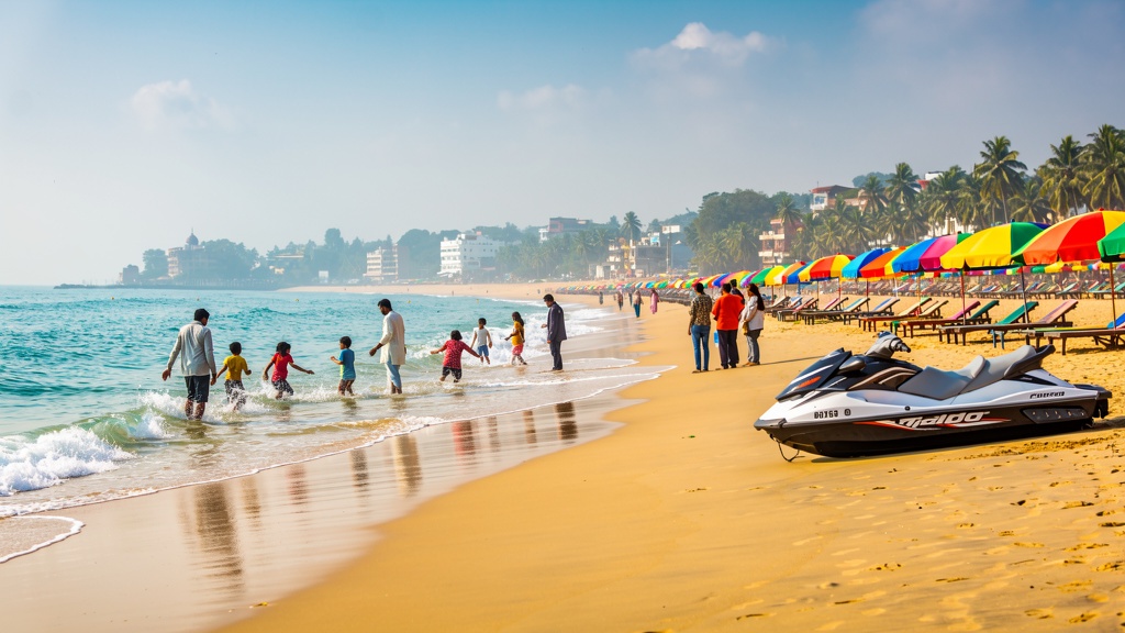 Colorful beach umbrellas and a jet ski on a calm winter beach with families