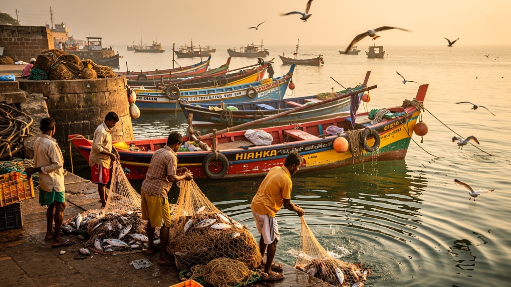 Colorful wooden fishing boats at Vanakbara harbour in golden light
